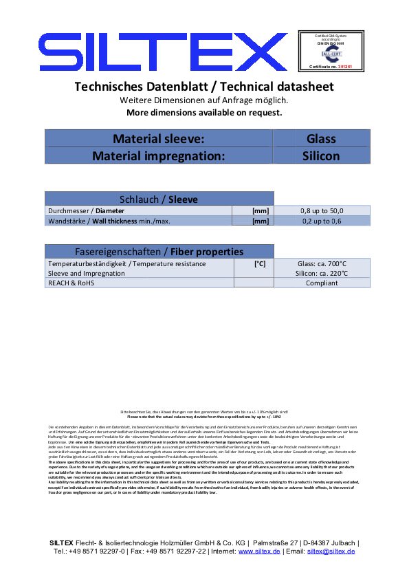 Siltex Datenblatt Glasseidenschlauch GI