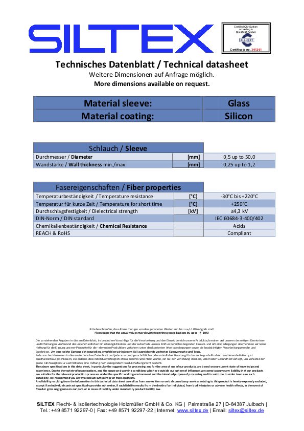 Siltex Datenblatt Glasseidenschlauch GSE