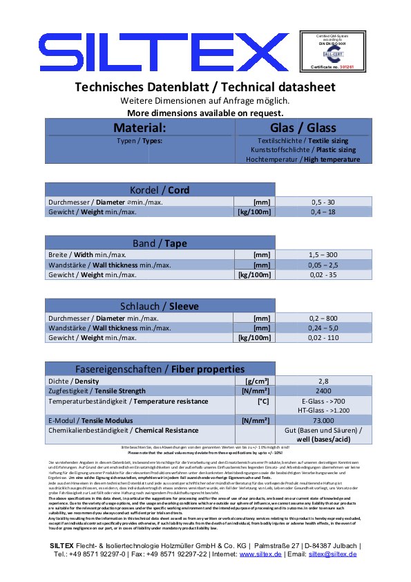 Siltex Technisches Datenblatt ALLGEMEIN Glas